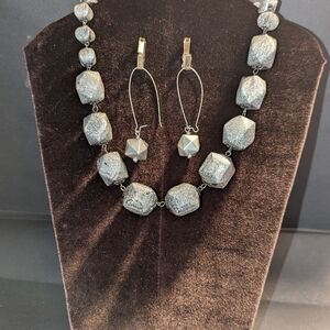 Vintage Silver Metallic Chunky Statement Necklace & Earrings Set
